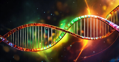 A glowing double-helix representing DNA, with yellow and green highlights, on a dark background with glowing red and yellow embers.