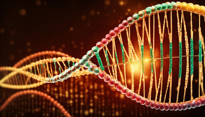 A glowing double-helix representing DNA, with a warm colored background of glowing dots.