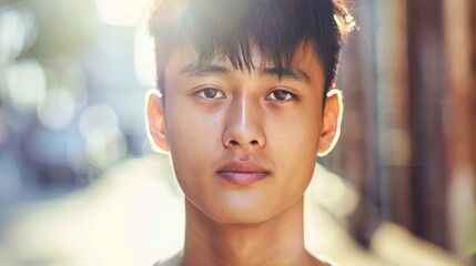 Obraz premium An image of a young Asian man with a determined look in his eyes, the focus sharp only on his face, with natural light shining from behind. closed up . Blurry background with light.