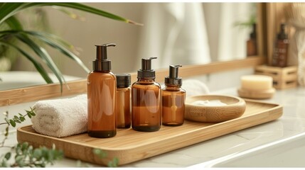 Modern bathroom essentials arranged on wooden tray, featuring amber glass soap dispensers, lotion bottles, and towel for a serene spa-like ambiance.