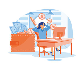 Women work online. Dollar bills go into the wallet. Passive income concept. Flat vector illustration.
