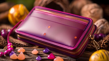 wallet's golden zipper adds a lavish touch, complemented by a tasteful arrangement