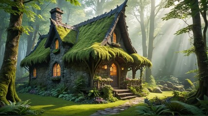 Enchanting Fairy-Tale Cottage Amidst a Lush, Ancient Forest: Featuring Intricate Gothic Architecture, Pointed Spires, and a Slate Roof