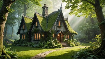Fototapeta premium Enchanting Fairy-Tale Cottage Amidst a Lush, Ancient Forest: Featuring Intricate Gothic Architecture, Pointed Spires, and a Slate Roof