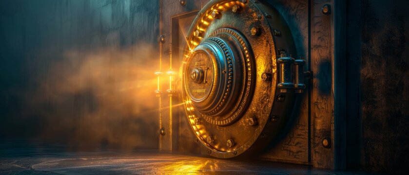 Mystical vault door glowing with light, symbolizing security and secrets, in an atmospheric, dimly lit environment.
