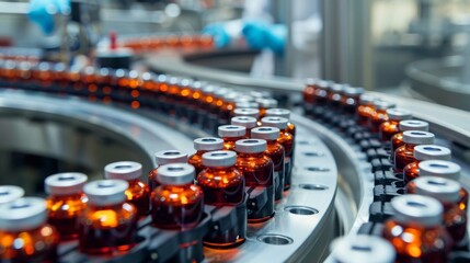 Pharmaceutical manufacturing process with glass vials moving on a conveyor belt in a sterile factory environment.
