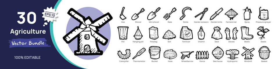 Agriculture concept illustrations. Big Set of icon illustrations with doodle style. Flat design