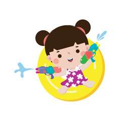 Cute kid in Swimsuit Floating on Rubber Ring on inflatable in top view, Swimming Pool party, cartoon character flat style vector illustration on white background