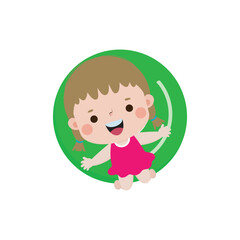 Cute kid in Swimsuit Floating on Rubber Ring on inflatable in top view, Swimming Pool party, cartoon character flat style vector illustration on white background