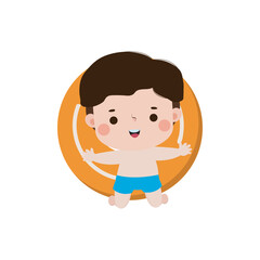 Cute kid in Swimsuit Floating on Rubber Ring on inflatable in top view, Swimming Pool party, cartoon character flat style vector illustration on white background