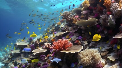  A vibrant coral reef teeming with colorful fish and marine life, captured in HD 