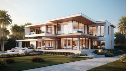 Architecture modern luxury home with large window, Exterior 3D building design illustration
