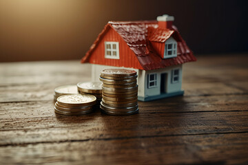 a house and a stack of coins on long-term investment.