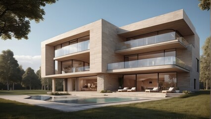 Architecture modern villa with unique facade, Exterior 3D building design illustration