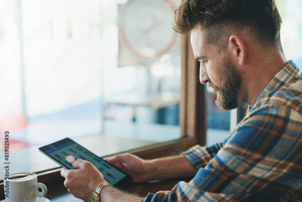 Poster coffee shop, tablet and man with drink by window for remote work, online shopping and networking. fr
