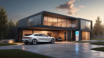 Obraz premium Architecture modern house with home battery system for solar energy electric car vehicles, 3D building design illustration