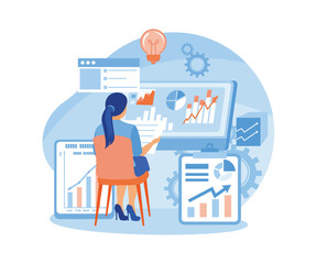 Women analyzing business data. Develop company strategies to increase revenue. Business Intelligence concept. Flat vector illustration.
