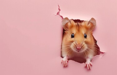 cute hamster sticking its head out from inside a hole on a pink background