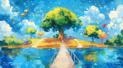 A bridge leading to a big tree. Left side of tree is green leafs, the right side no leafs. with one side a lake and another is covered in dry desert, in the style of. The background is colorful paint 