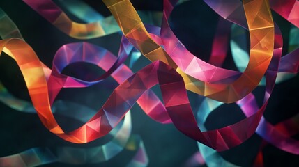 A digital visualization of interwoven geometric ribbons, each ribbon a different vibrant color,...