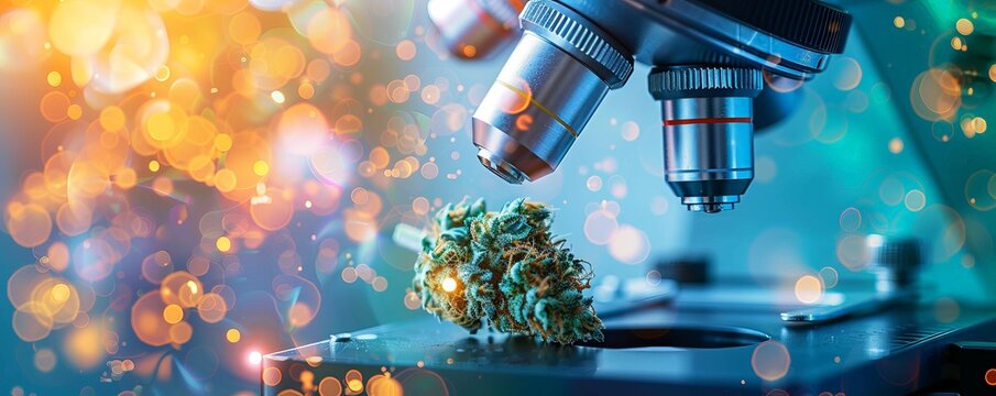 Scientist looking at cannabis bud under microscope