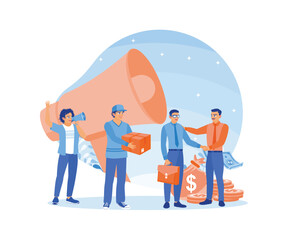 Businessman and colleague shaking hands. Men invite friends to partner in business and get prizes. Job referral concept. Flat vector illustration.