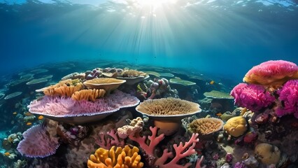 Radiant underwater coral reefs are thriving, colorful marine ecosystems teeming with diverse marine life, showcasing nature's vibrant beauty beneath the ocean's surface.




