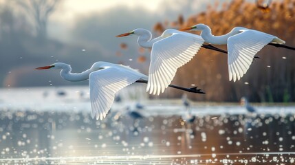 Three white egrets gracefully flying over a serene lake with a soft focus background of reeds and water droplets.