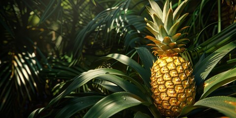 Obraz premium Golden Pineapple with its textured skin and spiky leaves, set against a tropical background. 