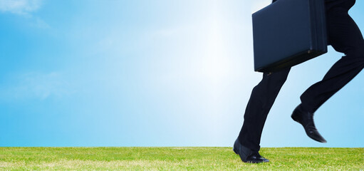 Businessman, running and hurry to work with briefcase outdoors for meeting, appointment or...