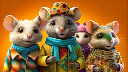 Creative animal concept. Group of mouse mice in funky Wacky wild mismatch colourful outfits isolated on bright background advertisement, copy space. birthday party invite invitation banner