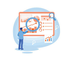 Man looking at company infographic data. Businessman analyzes market trends and plans for SEO optimization. Business marketing concept. Flat vector illustration.