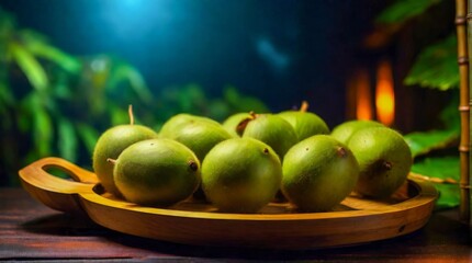 Exotic kiwis in a bamboo serving tray, neon bokeh lights in background, cinematic, professional food advertisement style photography
