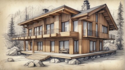 Architecture modern sketch cozy house with chalet style, 3D building design illustration