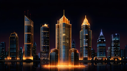 Obraz premium Glossy and artistic neon light effect urban landscapes of modern towering cities and Skyscrapers or Artistic textures and futuristic townscapes ai generative