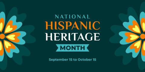 Hispanic heritage month. Vector web banner, poster, card for social media, networks. Greeting with national Hispanic heritage month text, ornament on green background with blue, yellow color
