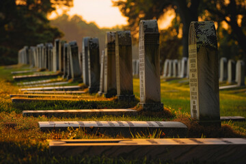 Military gravestones standing in solemn silence on Memorial Day, honoring the fallen with dignity.