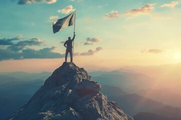 business person holding flag on top of the mountain peak in generative ai