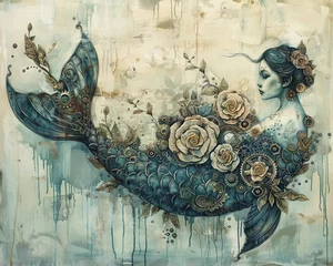Printed kitchen splashbacks A mechanical mermaid with a tail of gears and roses, swimming in a steampunk underwater world, Steampunk, Watercolor, Cool tones, Intricate details