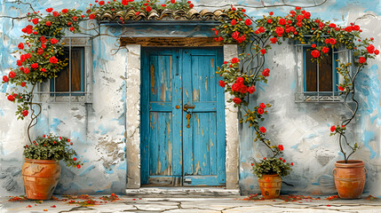 Charming blue door with red flowers on a rustic white wall