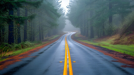 Foggy forest road with wet pavement and yellow divider lines - Powered by Adobe