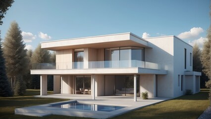 Architecture modern house with flat roof in daylight, 3D building design illustration