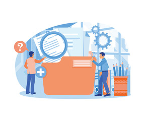 An office worker looks for files using a magnifying glass. File manager, data storage and indexing. Storage concept. Flat vector illustration.