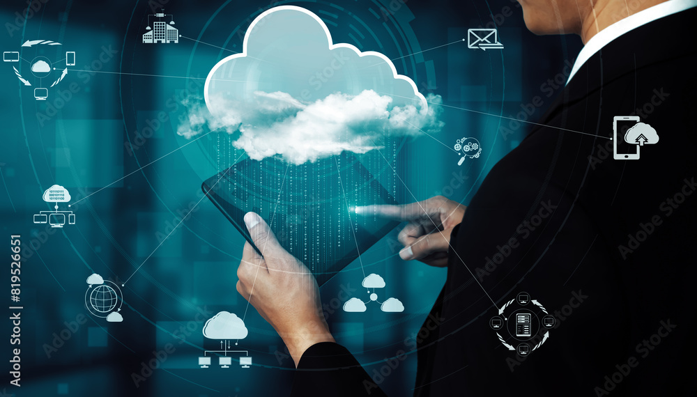 Poster cloud computing technology and online data storage for business network concept. computer connects t