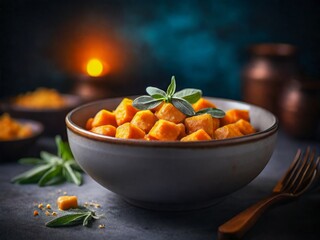 Sweet Potato Gnocchi with sage brown butter sauce, neon bokeh lights in background, cinematic, professional food advertisement style photography