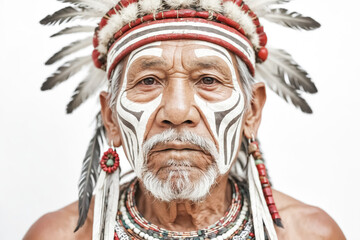 Obraz premium Portrait of Indigenous Man with Traditional Headdress and Facial Paint