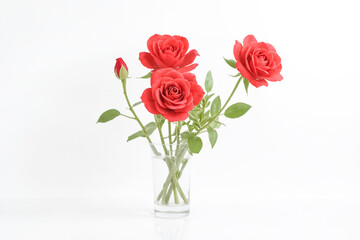 Red Roses in a Glass Vase on White Background