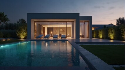 Architecture modern villa with swimming pool in the evening, 3D building design illustration