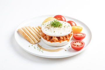 Delicious Food Dish with Tomatoes and Bread Sticks