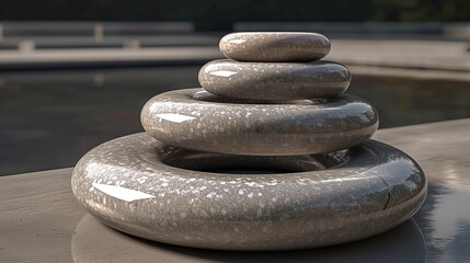 An arrangement of polished stone circles, each with a different diameter, neatly stacked to create a balanced sculpture. 32k, full ultra hd, high resolution